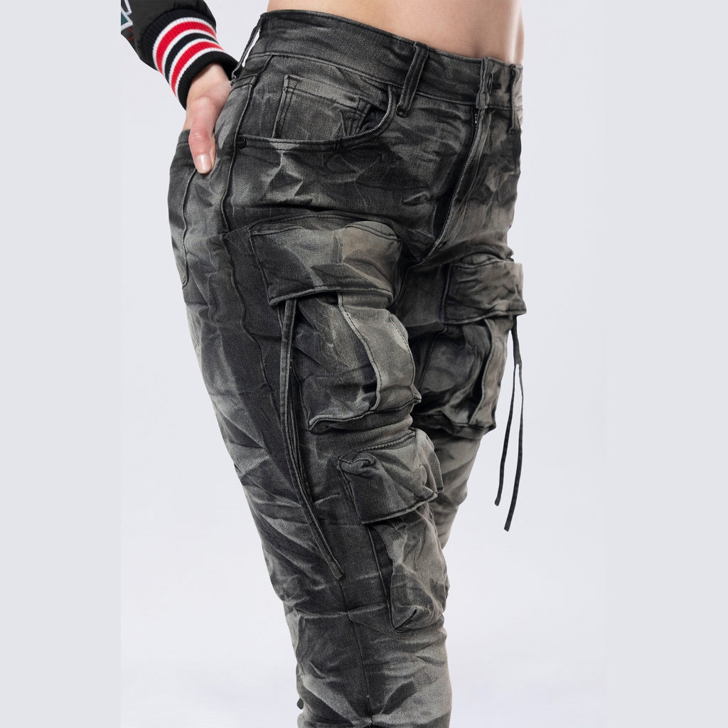 Smoke Rise RED High Rise Stacked Cargo Jeans - Gail Black