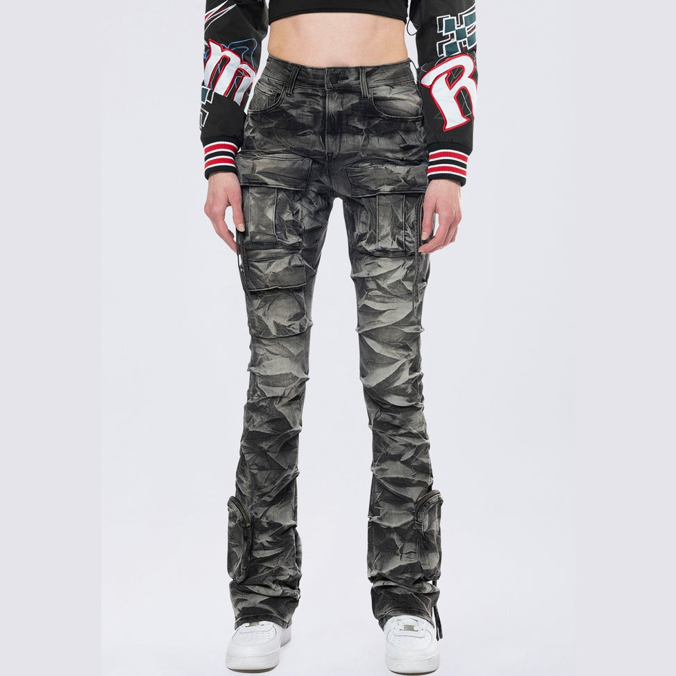 Smoke Rise RED High Rise Stacked Cargo Jeans - Gail Black