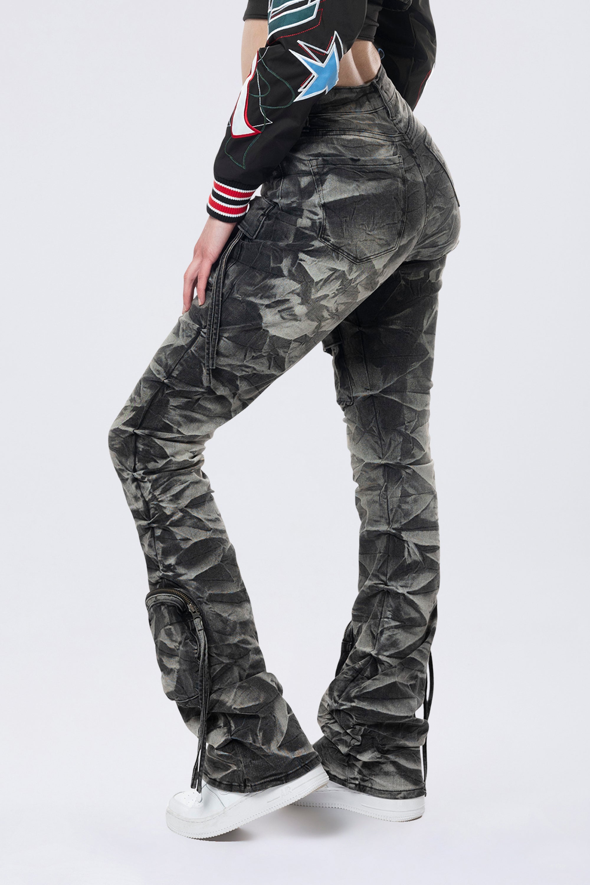 High Rise Stacked Cargo Jeans - Gail Black