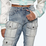 High Rise Stacked Rhinestone Jeans - Astrion Blue