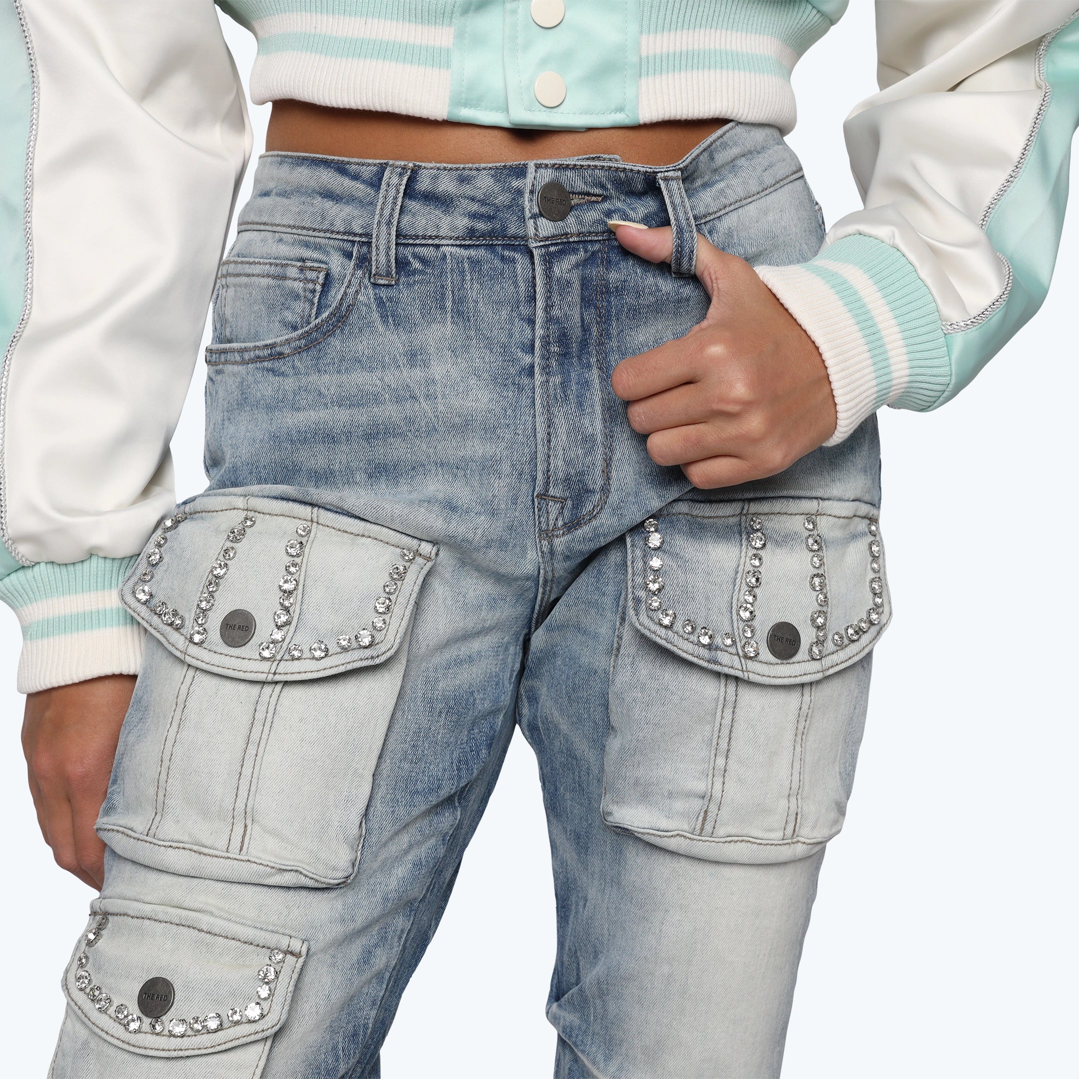 High Rise Stacked Rhinestone Jeans - Astrion Blue