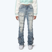 High Rise Stacked Rhinestone Jeans - Astrion Blue