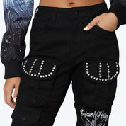 High Rise Stacked Rhinestone Jeans - Deep Black