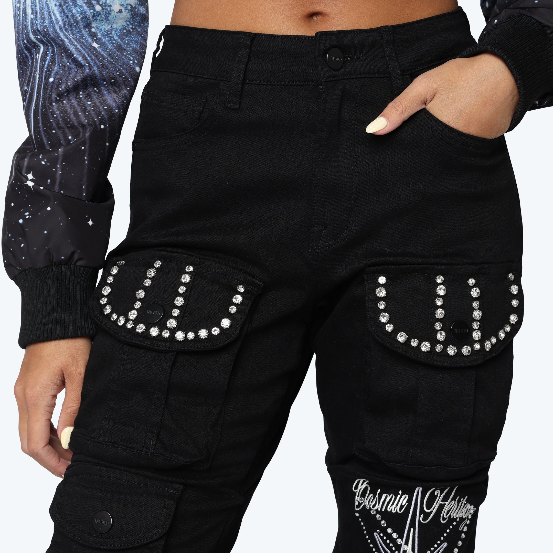 High Rise Stacked Rhinestone Jeans - Deep Black