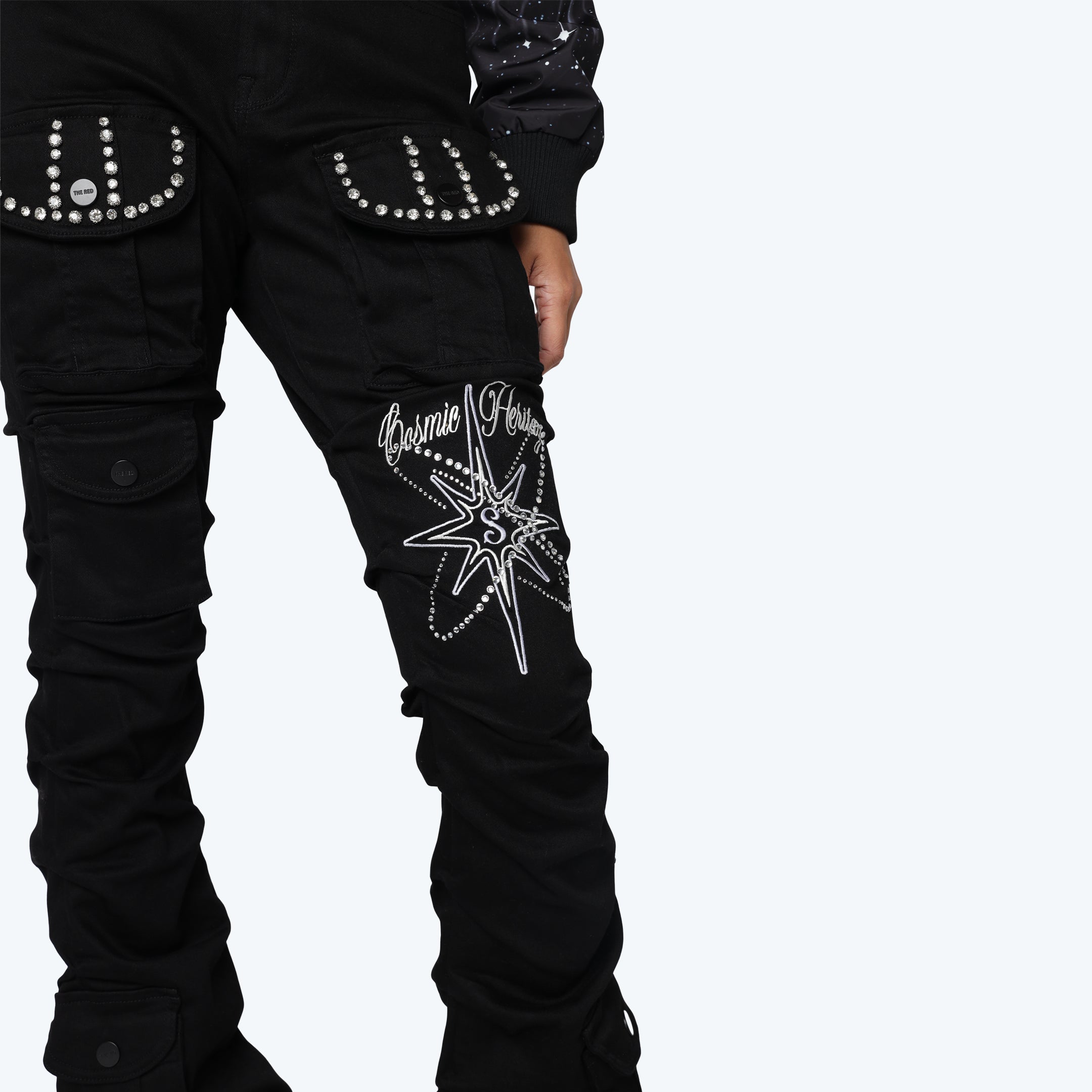 High Rise Stacked Rhinestone Jeans - Deep Black