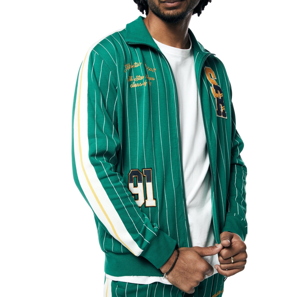 Smoke Rise Pin Striped Varsity Track Jacket - Alpine Green