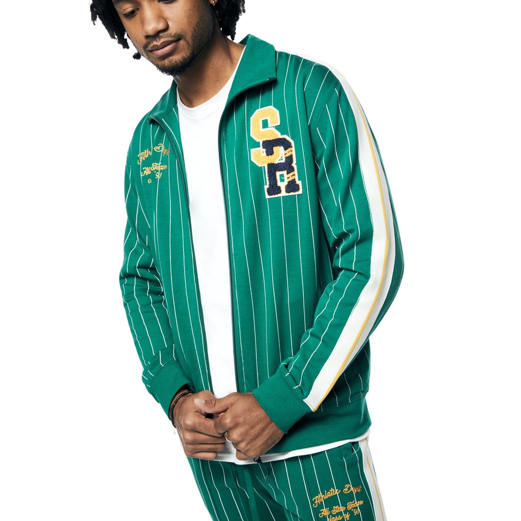 Smoke Rise Pin Striped Varsity Track Jacket - Alpine Green