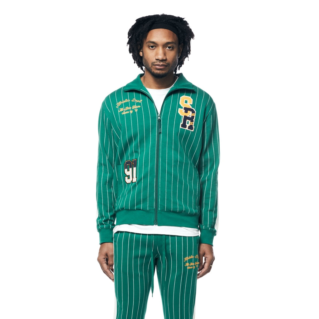 Smoke Rise Pin Striped Varsity Track Jacket - Alpine Green