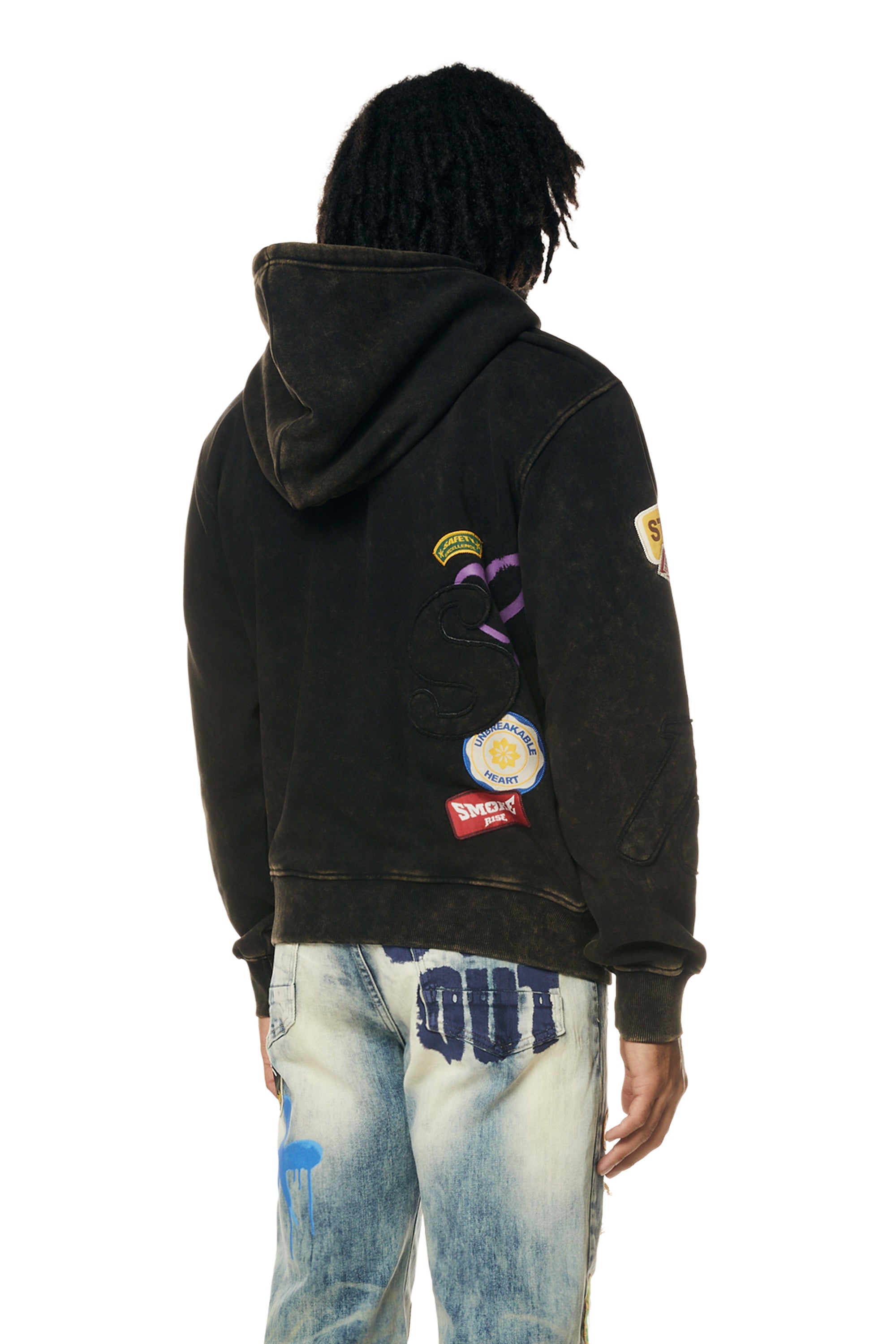 Multi Embroidered Patched Enzyme Washed Hoodie - Black
