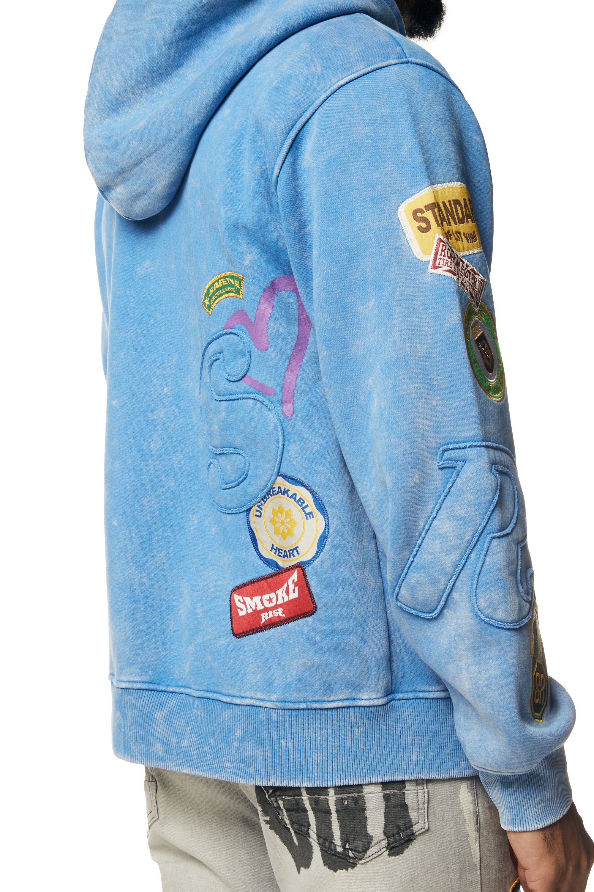 Multi Embroidered Patched Enzyme Washed Hoodie - Blue