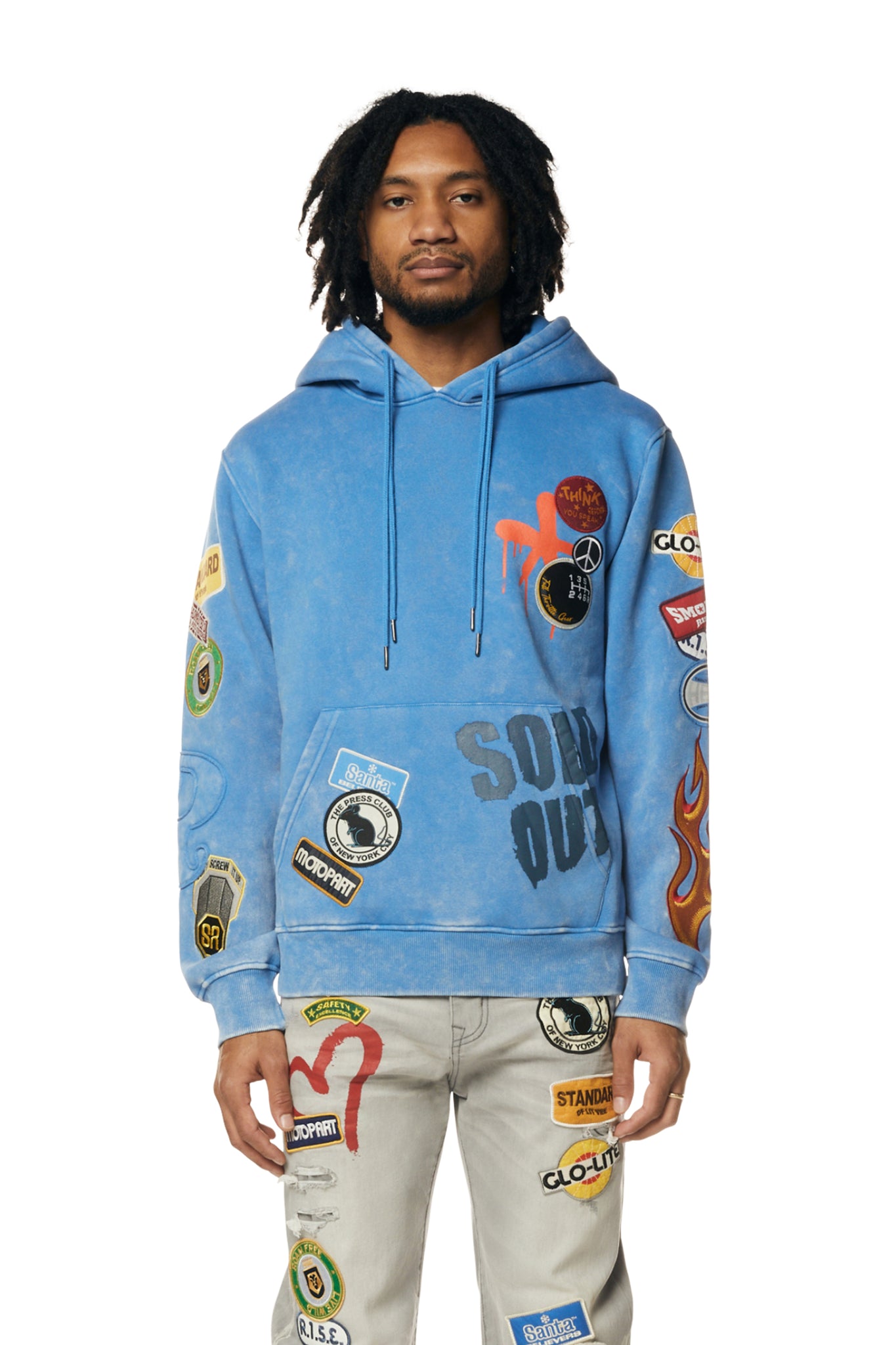 Multi Embroidered Patched Enzyme Washed Hoodie - Blue –