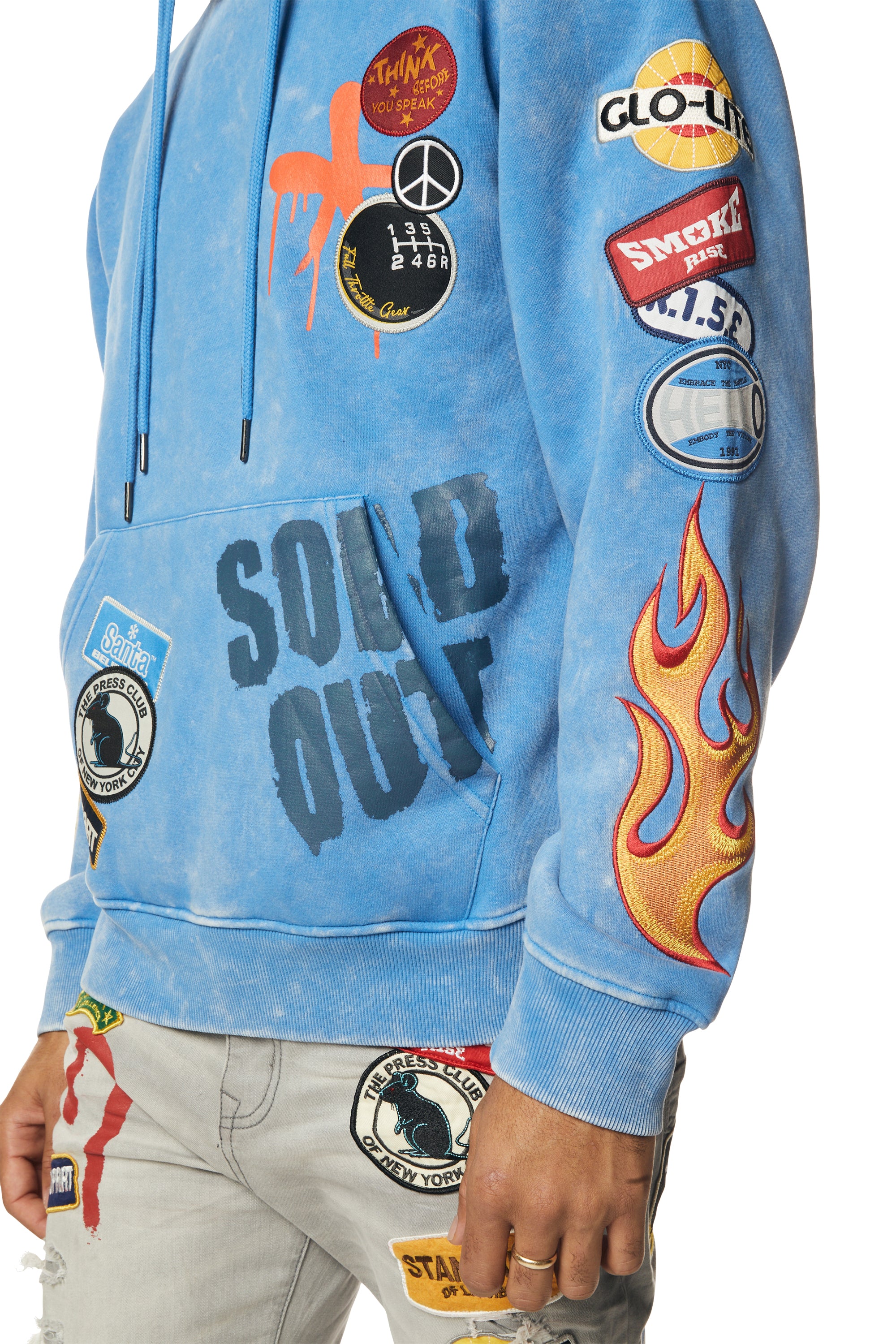 Multi Embroidered Patched Enzyme Washed Hoodie - Blue