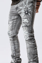 Stacked Flared Pinched Rhinestone Jean - Shibuya Black