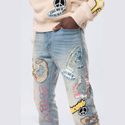 Smoke Rise Straight Tapestry Applique Doodle Denim Jeans - Seville Blue