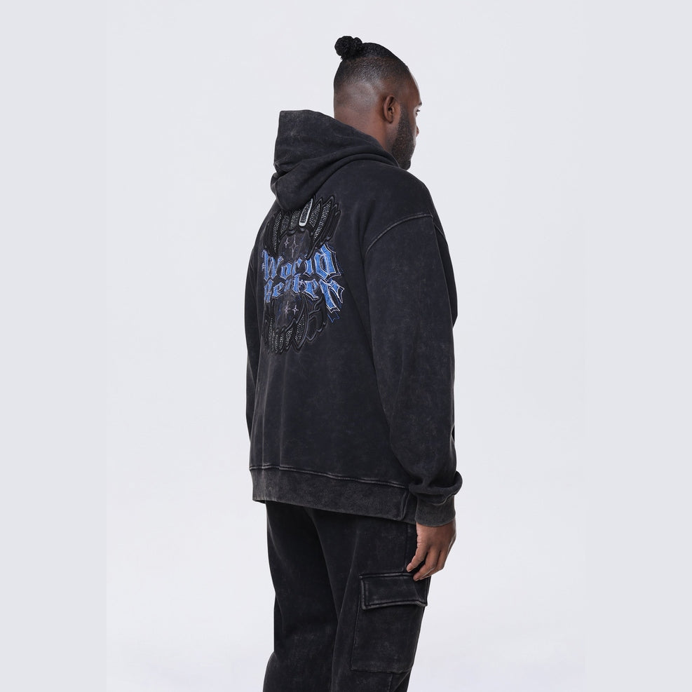 Smoke Rise Big and Tall Big and Tall - Dropped Shoulder Rhinestone Dystopia Hoodie - Black
