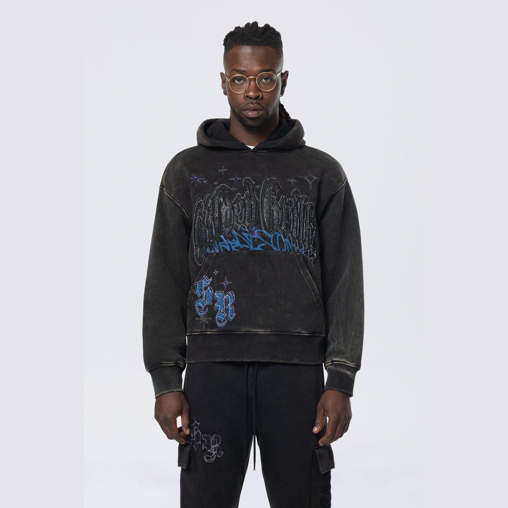 Smoke Rise Dropped Shoulder Rhinestone Dystopia Hoodie - Black