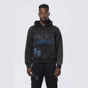 Smoke Rise Dropped Shoulder Rhinestone Dystopia Hoodie - Black
