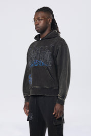 Dropped Shoulder Rhinestone Dystopia Hoodie - Black