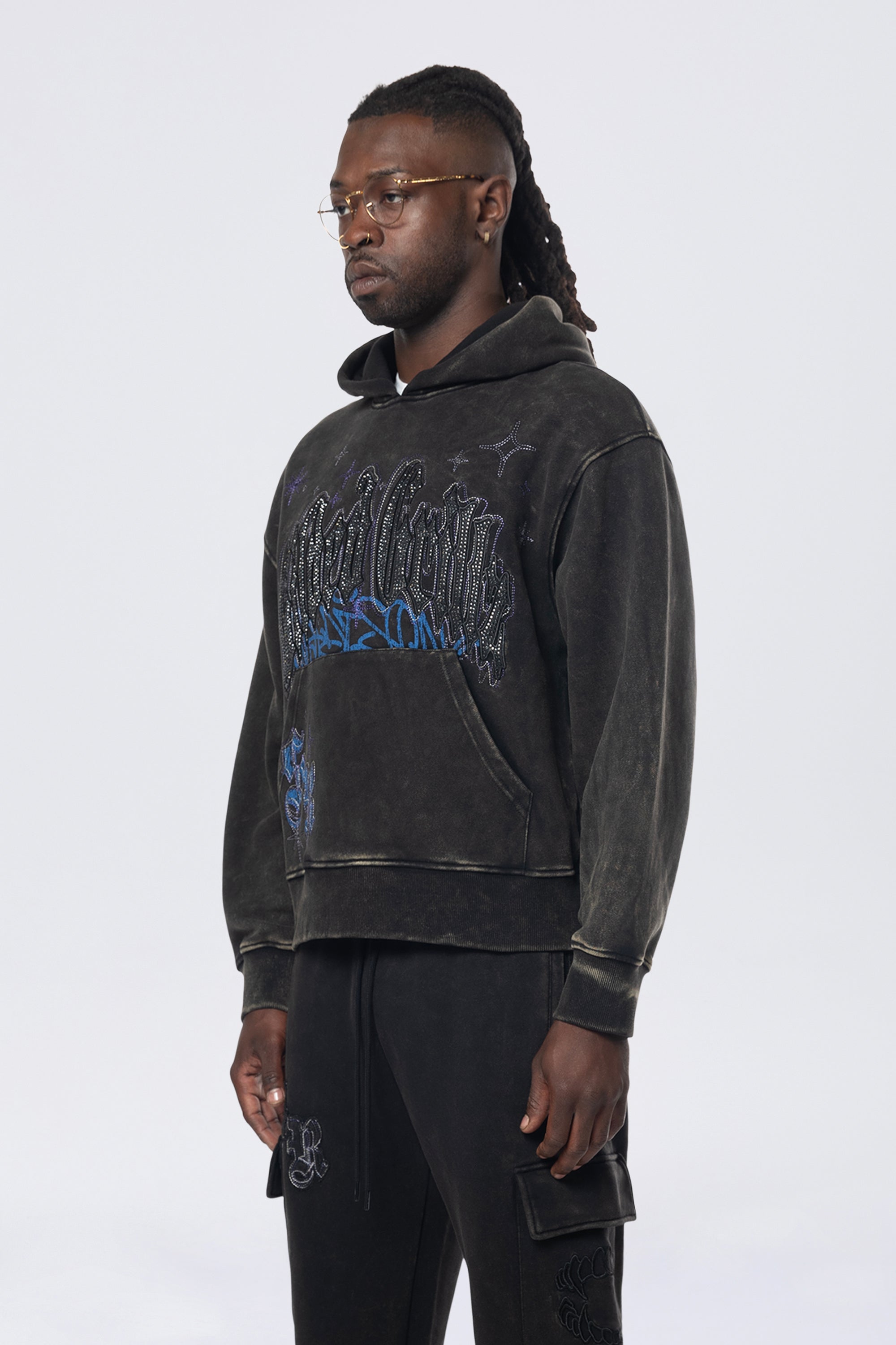 Dropped Shoulder Rhinestone Dystopia Hoodie - Black