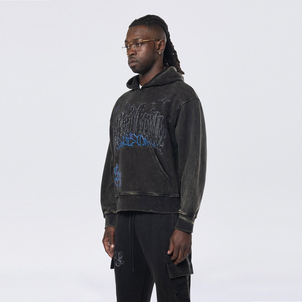 Smoke Rise Dropped Shoulder Rhinestone Dystopia Hoodie - Black