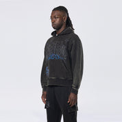 Smoke Rise Dropped Shoulder Rhinestone Dystopia Hoodie - Black