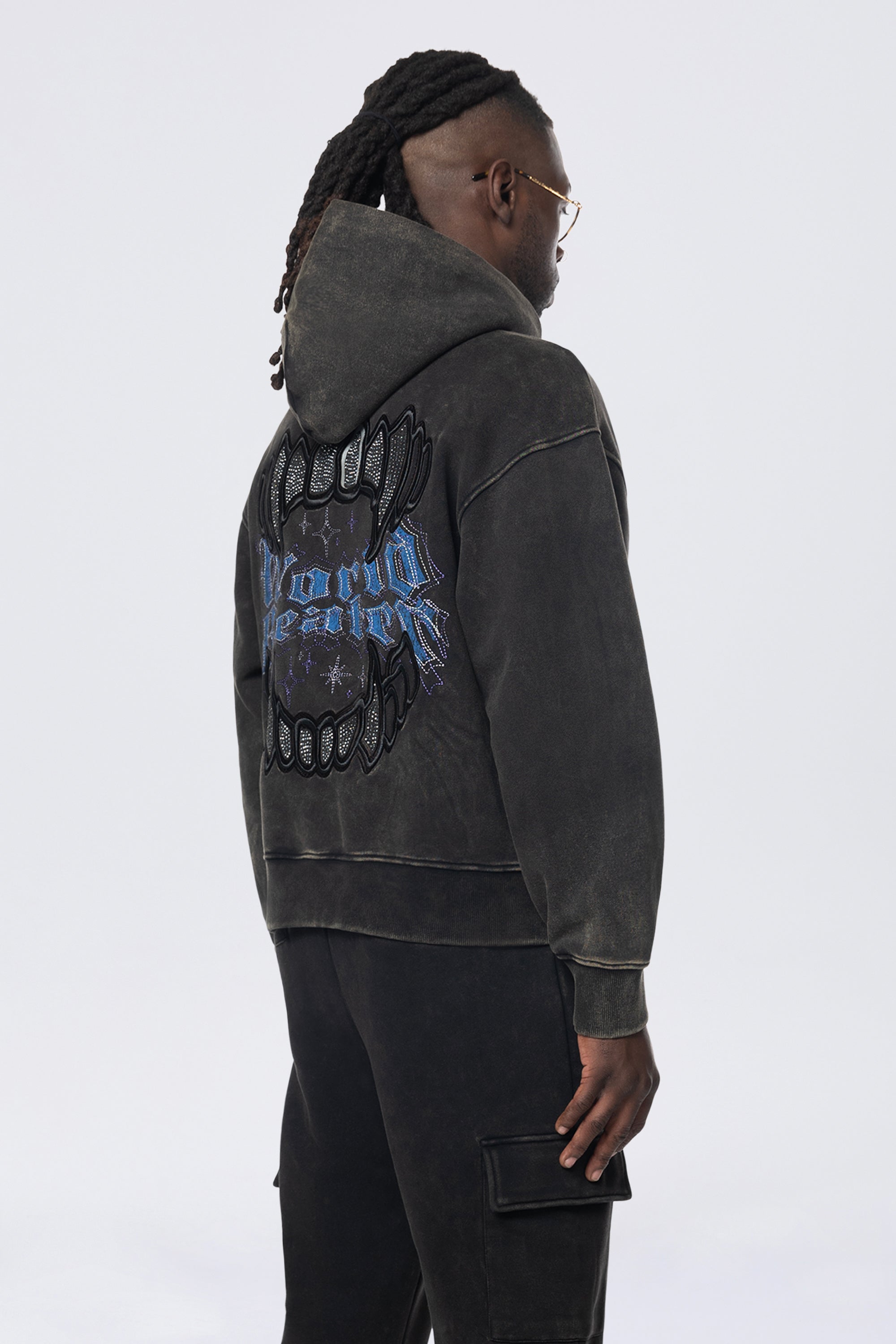 Dropped Shoulder Rhinestone Dystopia Hoodie - Black