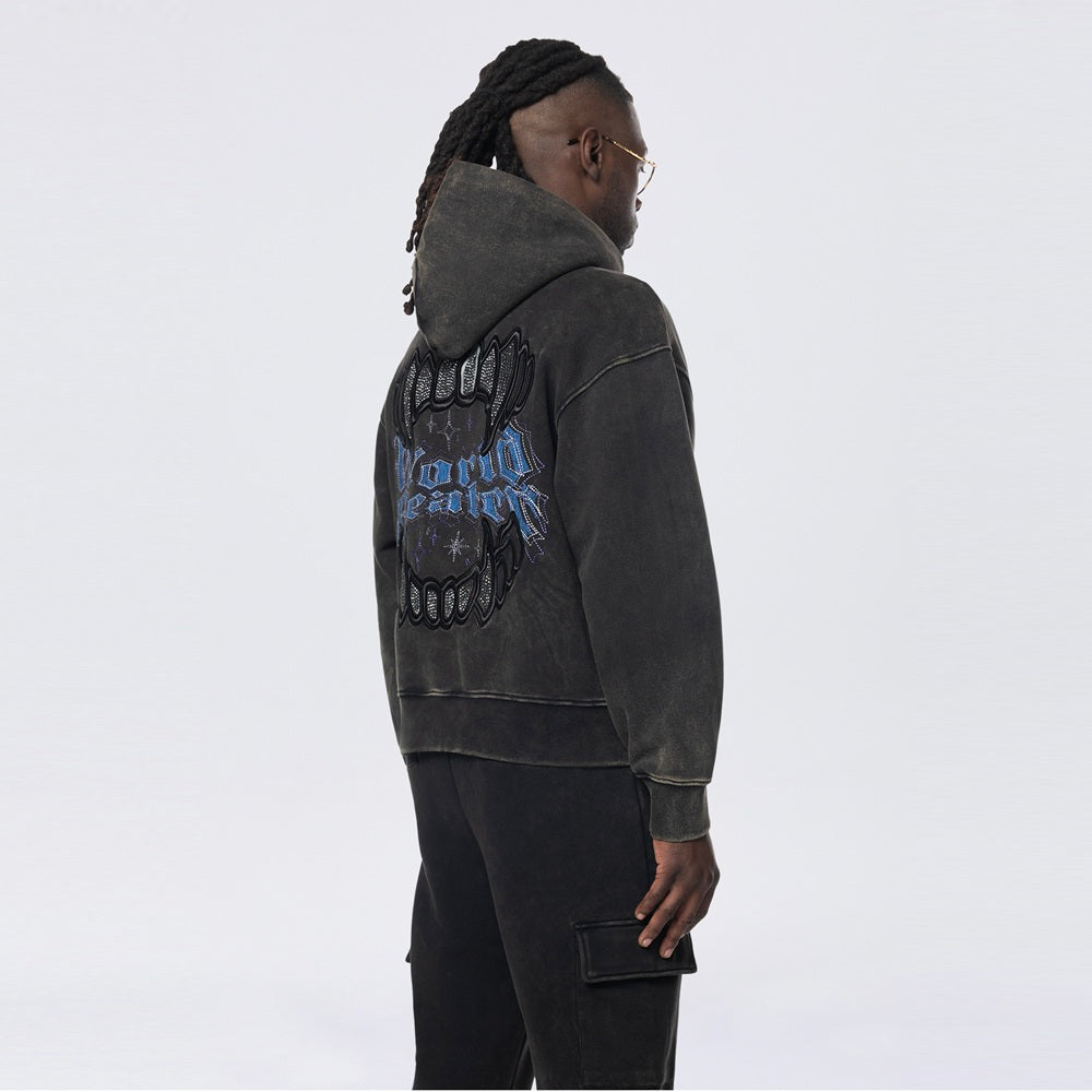 Smoke Rise Dropped Shoulder Rhinestone Dystopia Hoodie - Black