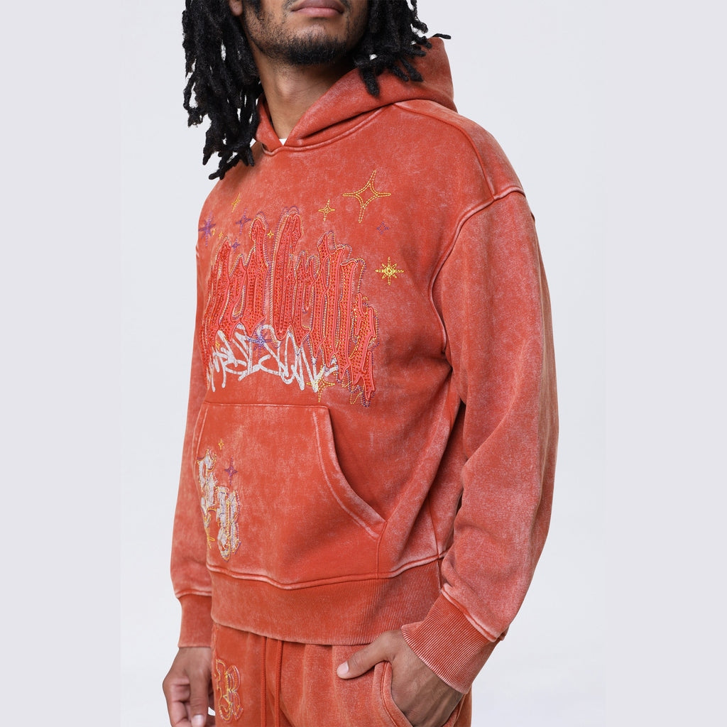 Smoke Rise Dropped Shoulder Rhinestone Dystopia Hoodie - Picante
