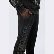 Smoke Rise Stacked Rhinestone Dystopia Fleece Pants - Black