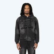 Oversized Denim Embossed Fleece Zip-Up Hoodie - Atom Black