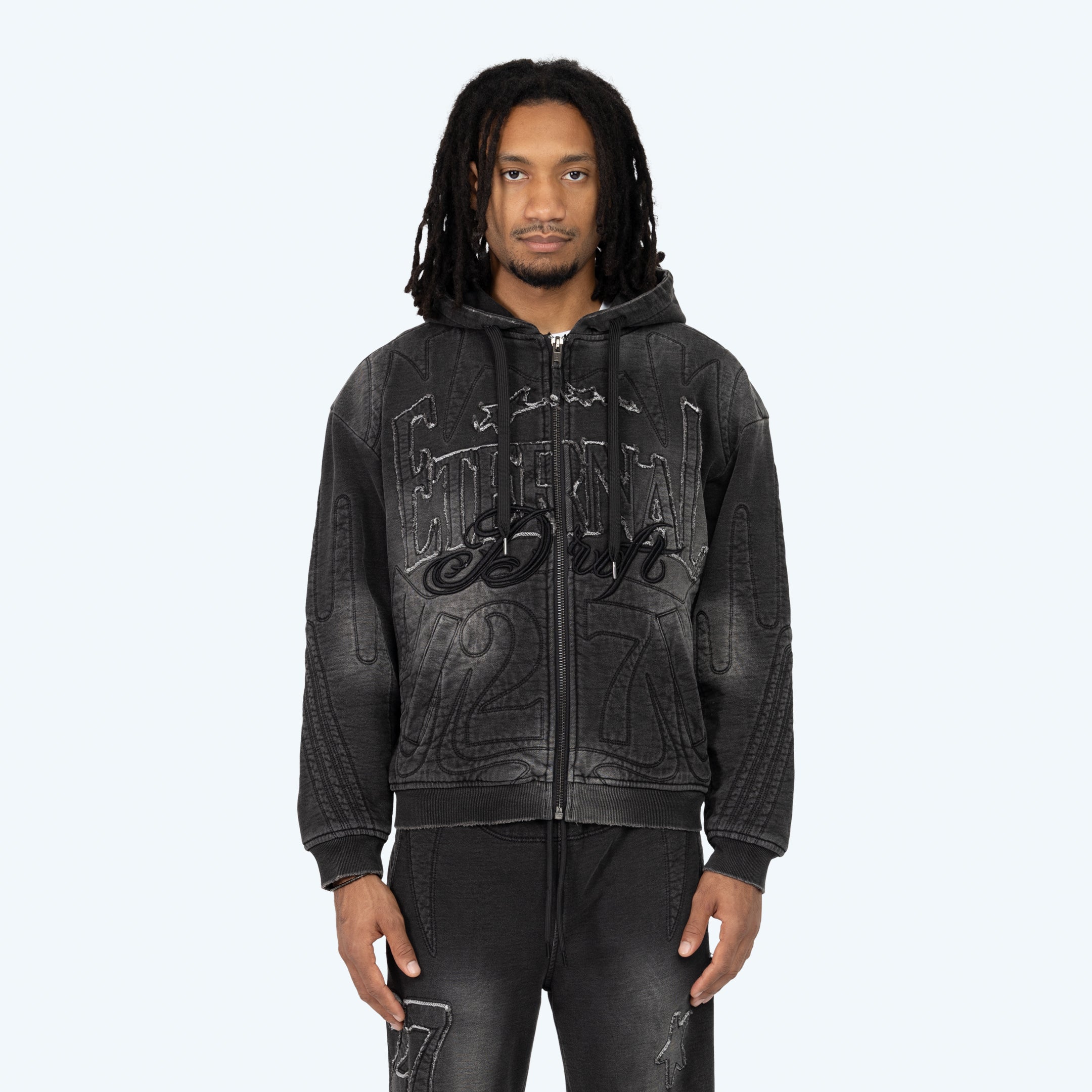 Oversized Denim Embossed Fleece Zip-Up Hoodie - Atom Black
