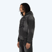 Oversized Denim Embossed Fleece Zip-Up Hoodie - Atom Black