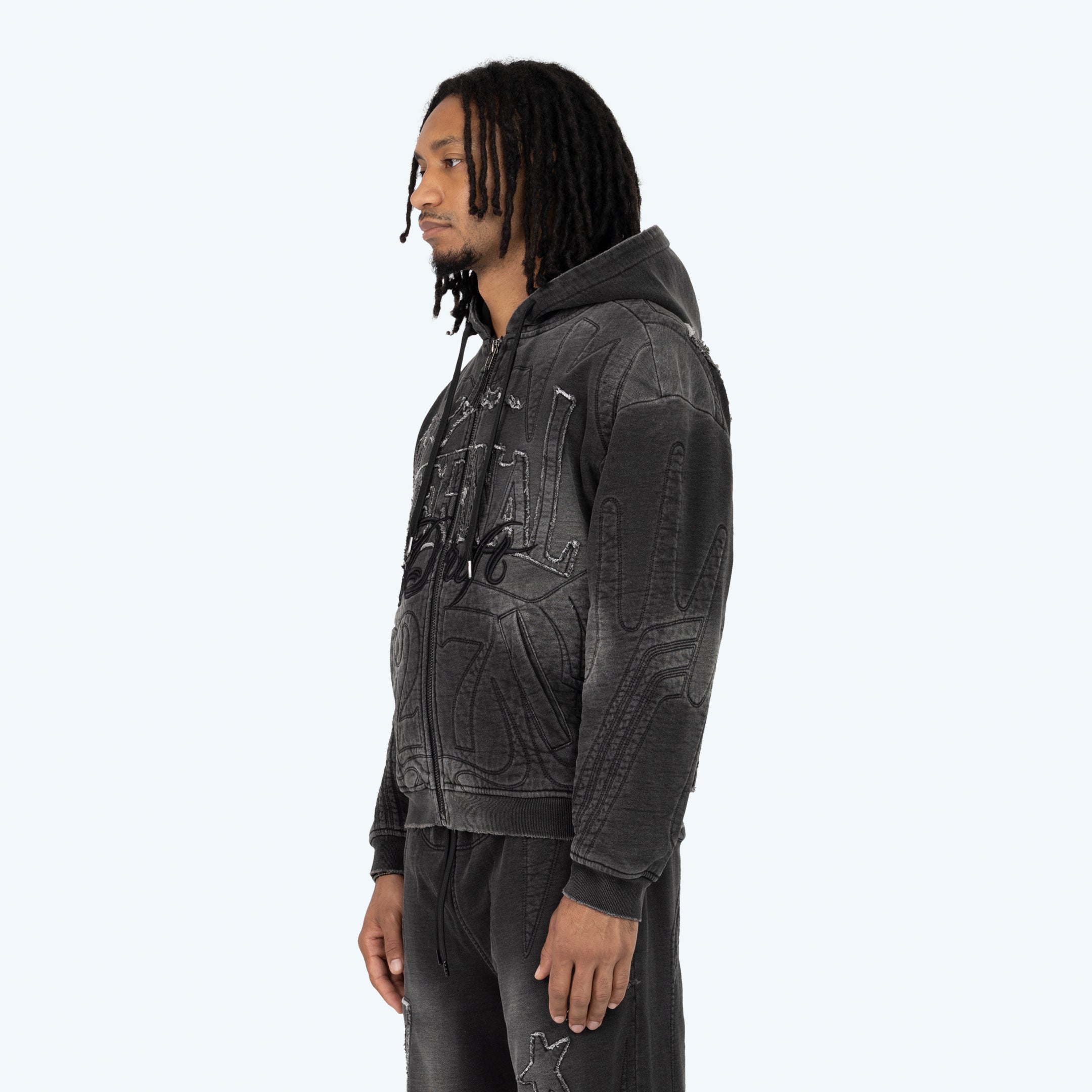Oversized Denim Embossed Fleece Zip-Up Hoodie - Atom Black