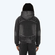 Oversized Denim Embossed Fleece Zip-Up Hoodie - Atom Black