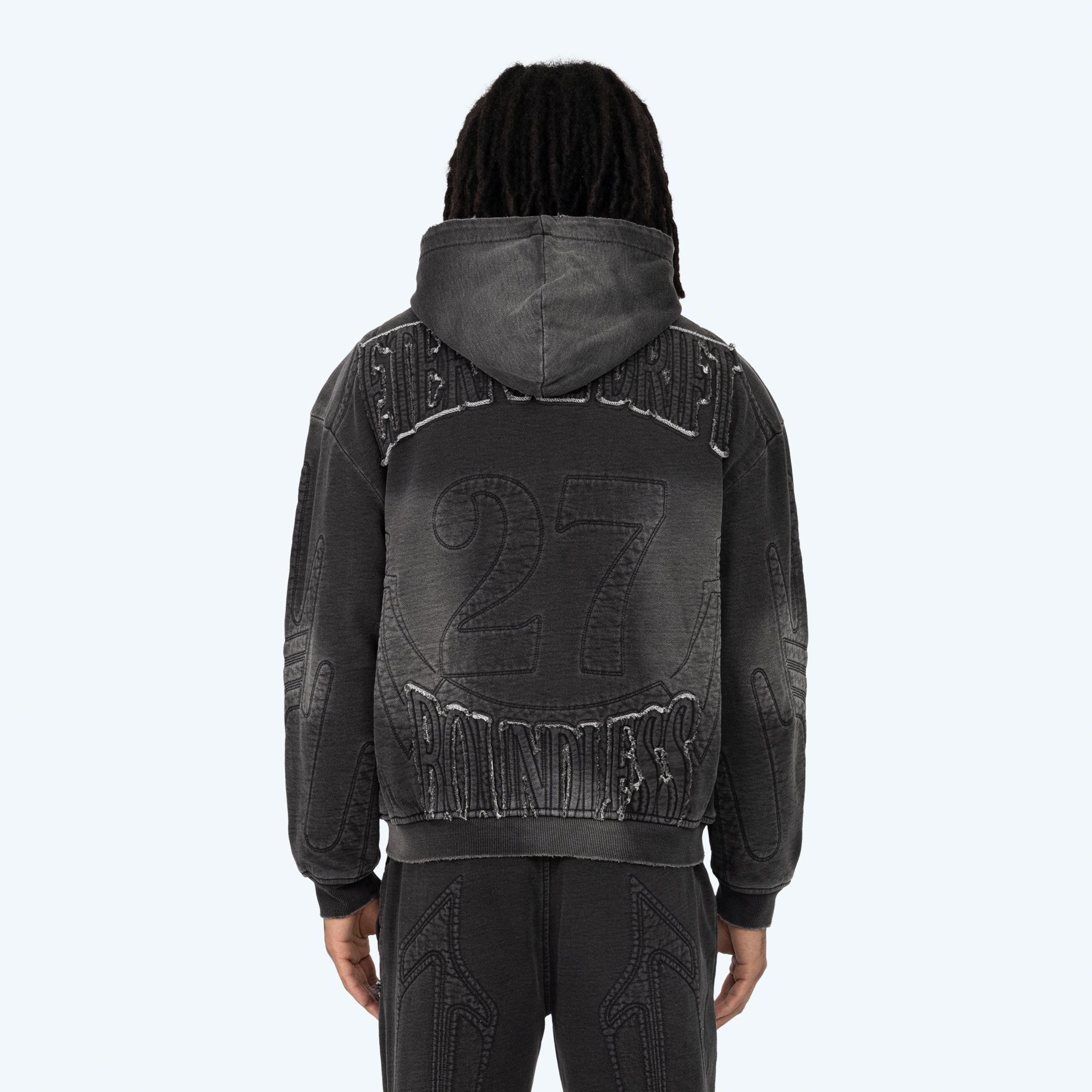 Oversized Denim Embossed Fleece Zip-Up Hoodie - Atom Black
