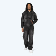 Oversized Denim Embossed Fleece Zip-Up Hoodie - Atom Black