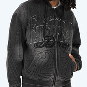Oversized Denim Embossed Fleece Zip-Up Hoodie - Atom Black
