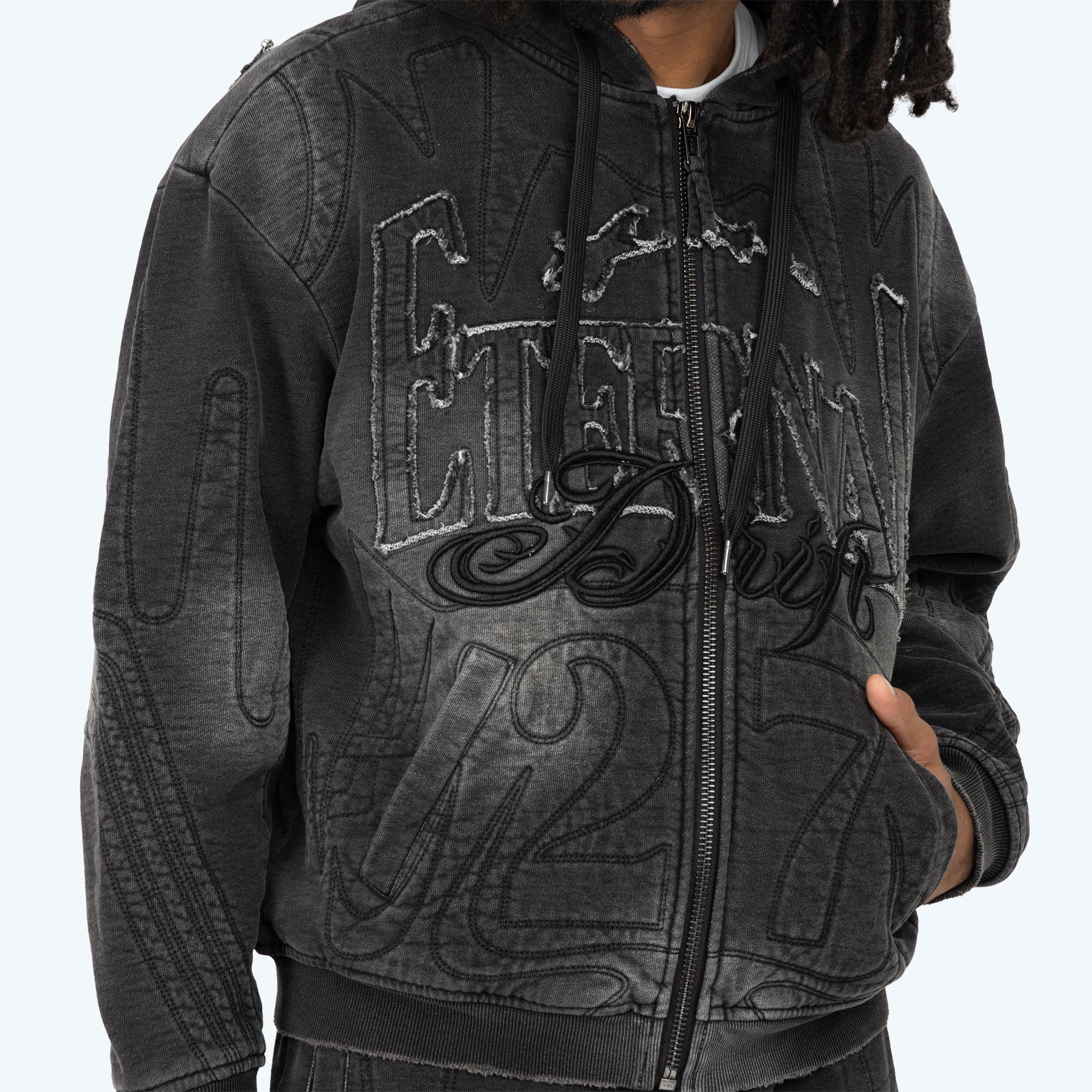 Oversized Denim Embossed Fleece Zip-Up Hoodie - Atom Black