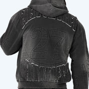 Oversized Denim Embossed Fleece Zip-Up Hoodie - Atom Black