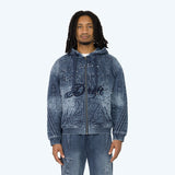 Oversized Denim Embossed Fleece Zip-Up Hoodie - Finn Blue