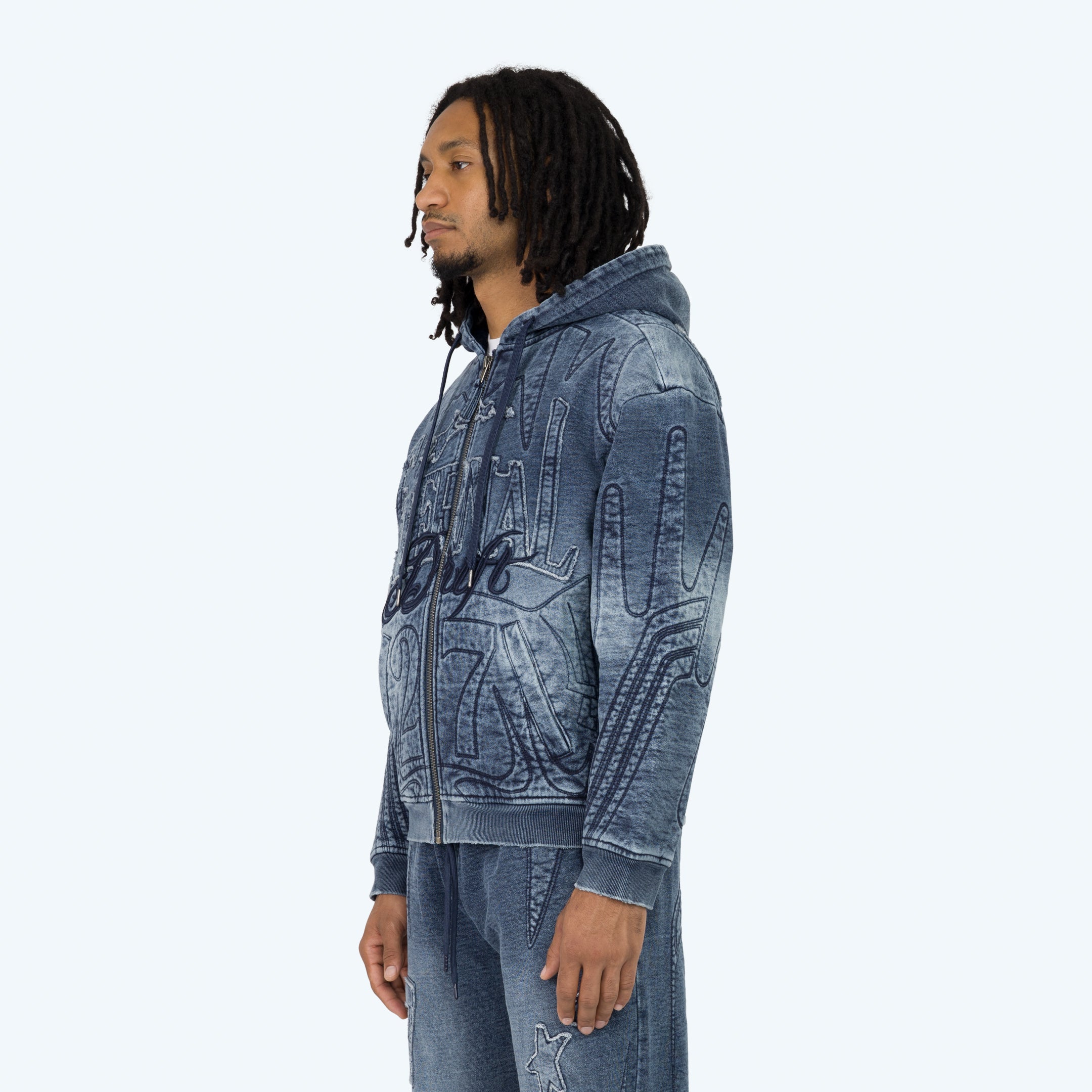 Oversized Denim Embossed Fleece Zip-Up Hoodie - Finn Blue – Smoke