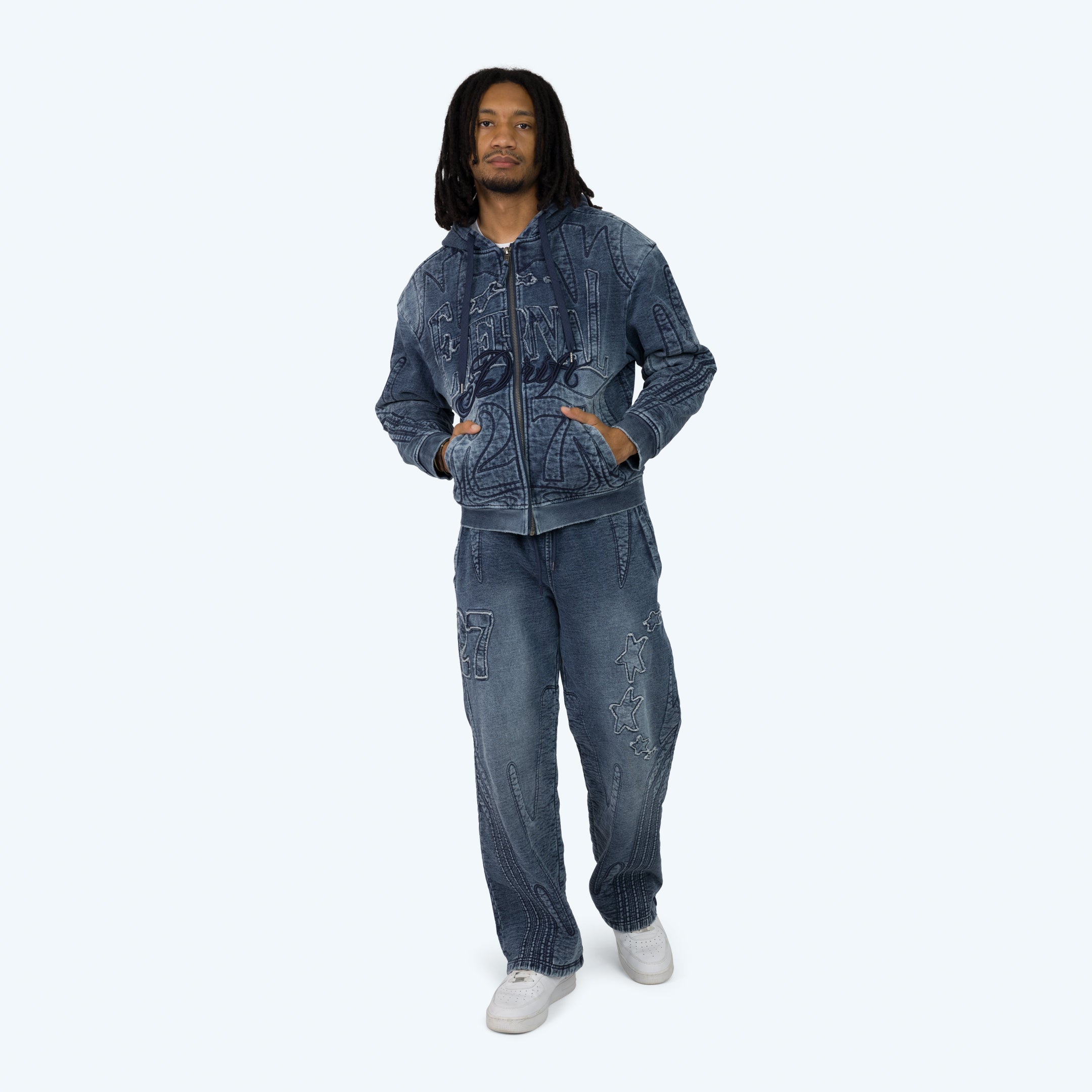 Oversized Denim Embossed Fleece Zip-Up Hoodie - Finn Blue – Smoke