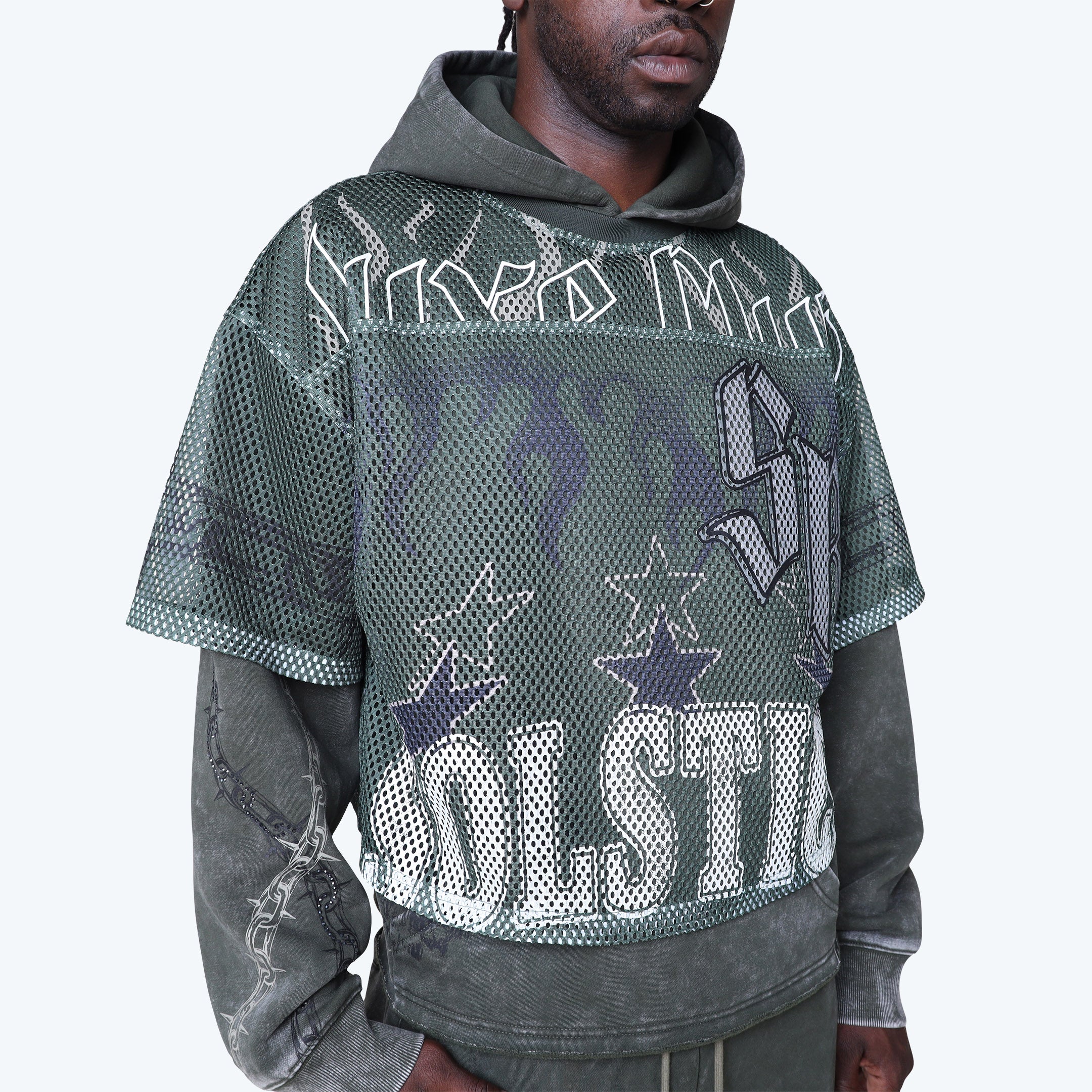 Oversized Luxe Club Mesh 2-Fer Hoodie - Moss