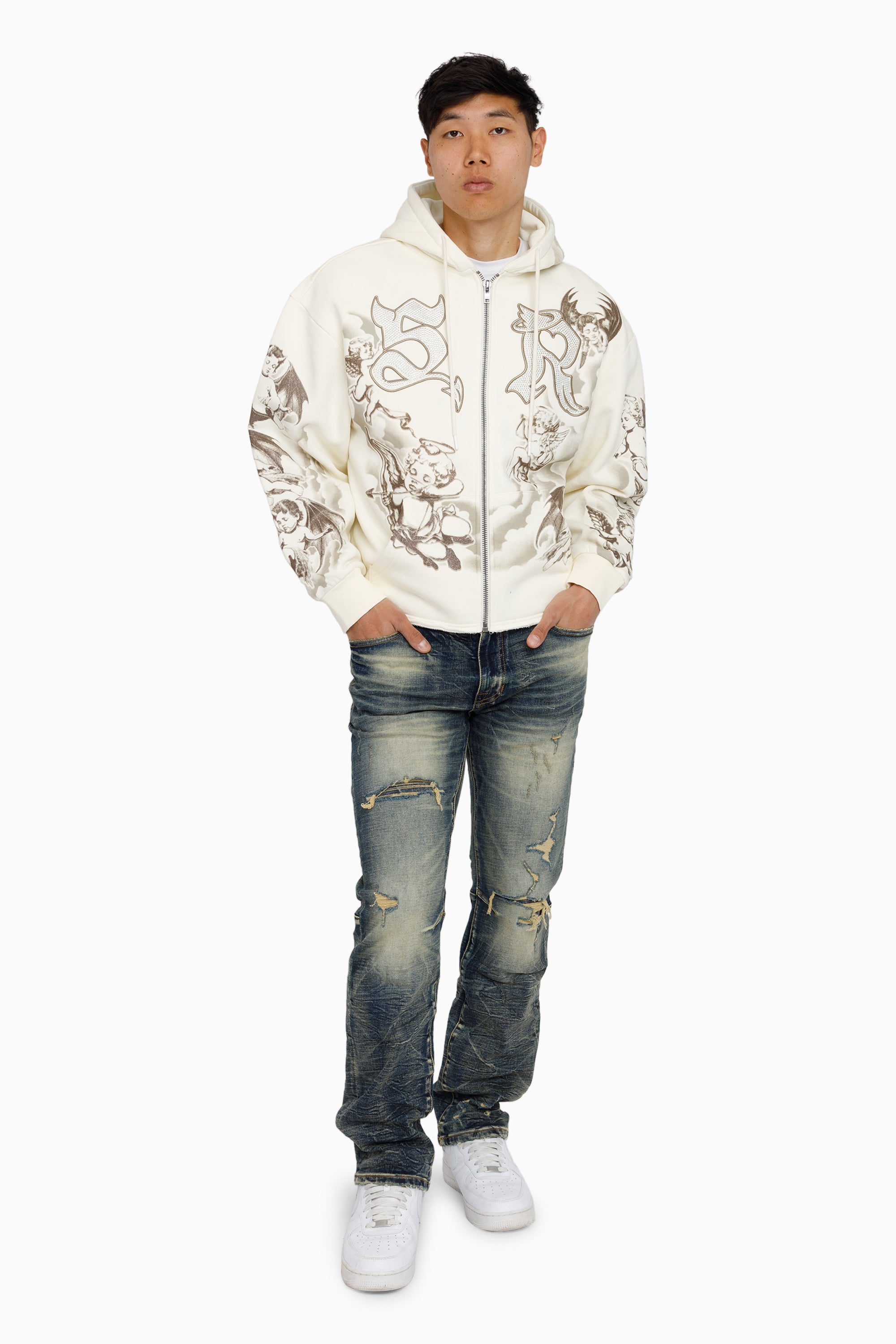 Trouble In Peace Zip Hoodie - Ecru