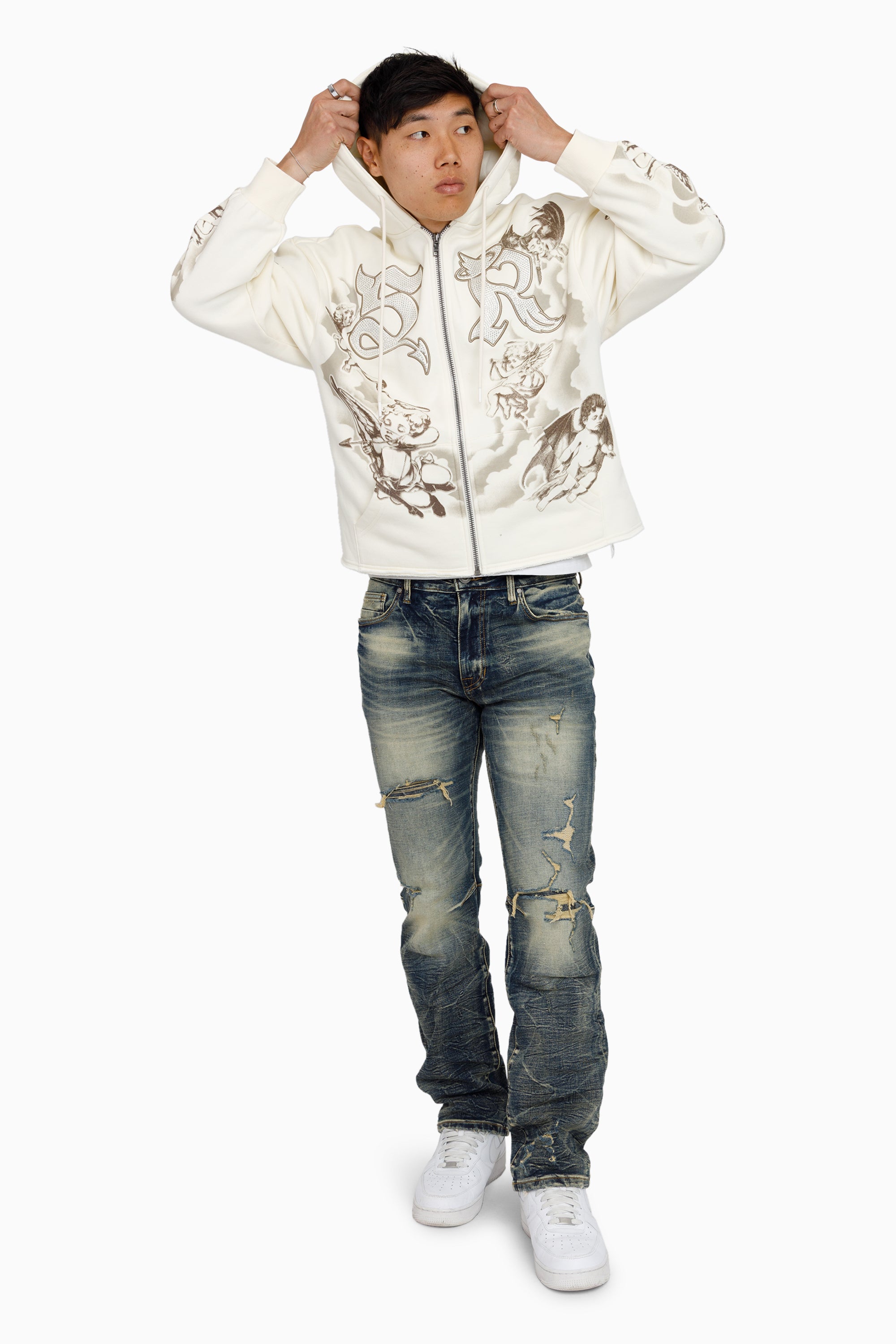 Trouble In Peace Zip Hoodie - Ecru
