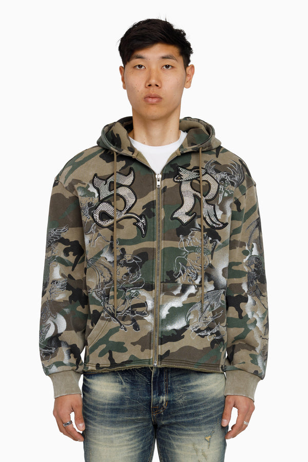 Trouble In Peace Zip Hoodie - Strata Camo