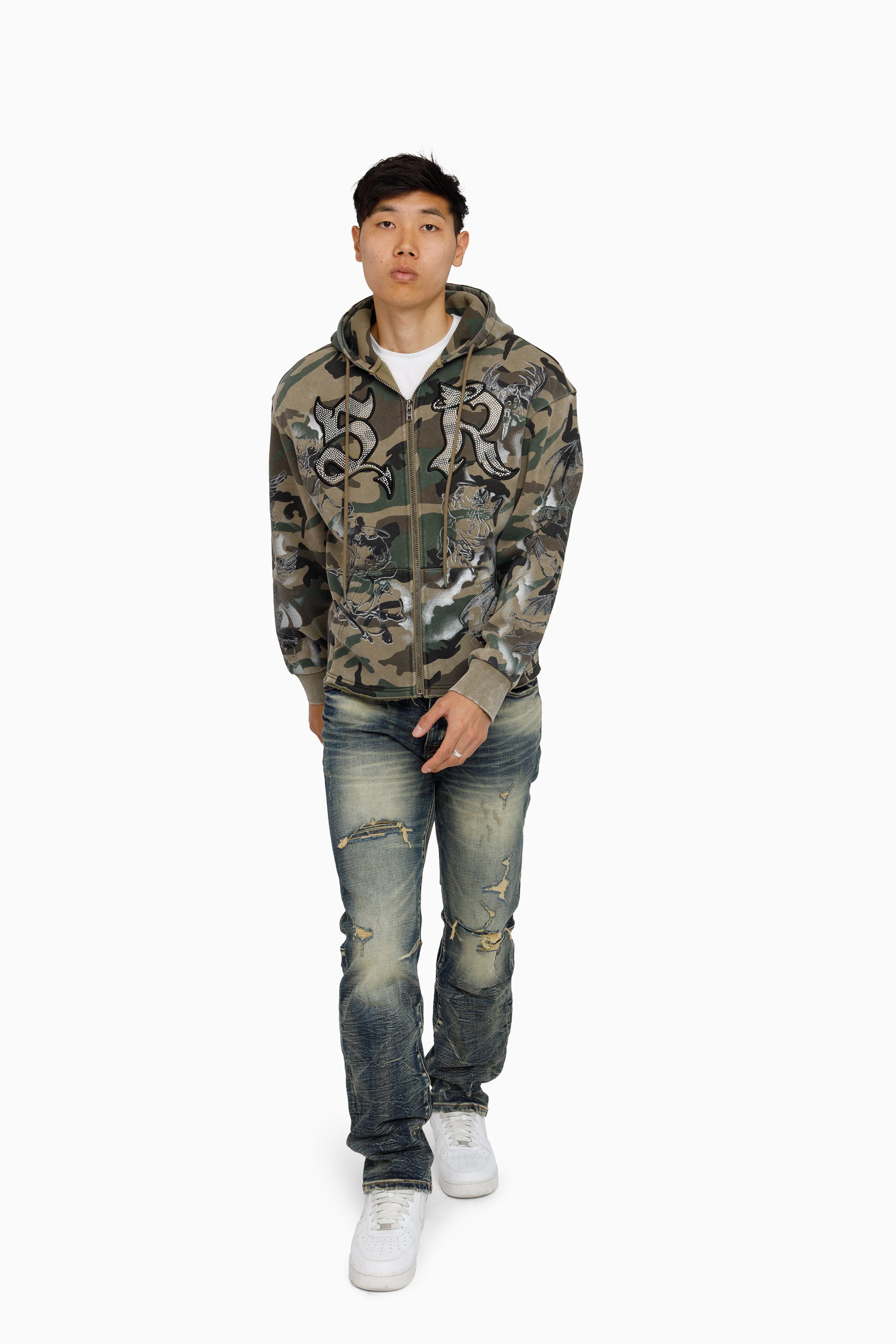 Trouble In Peace Zip Hoodie - Strata Camo
