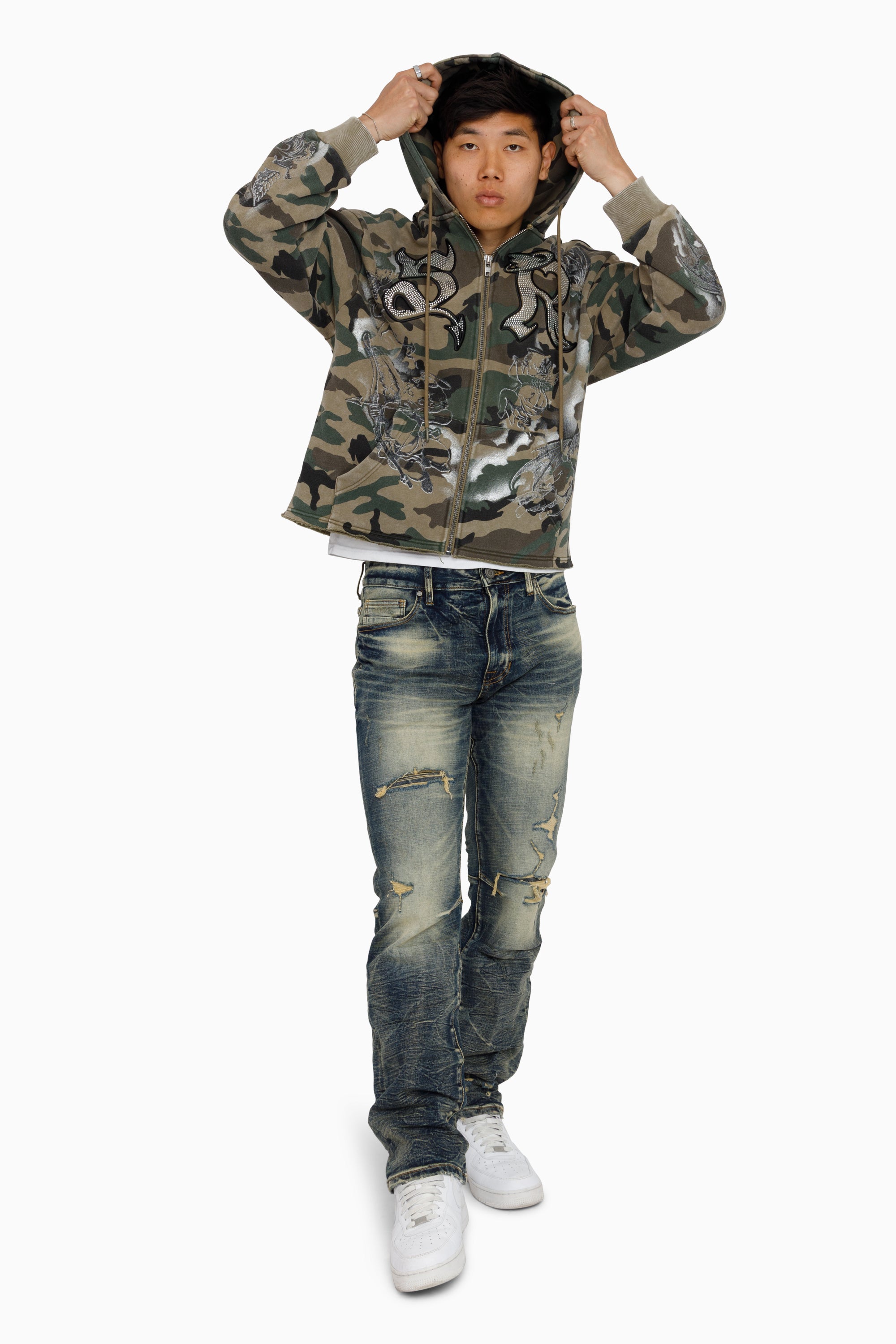 Trouble In Peace Zip Hoodie - Strata Camo