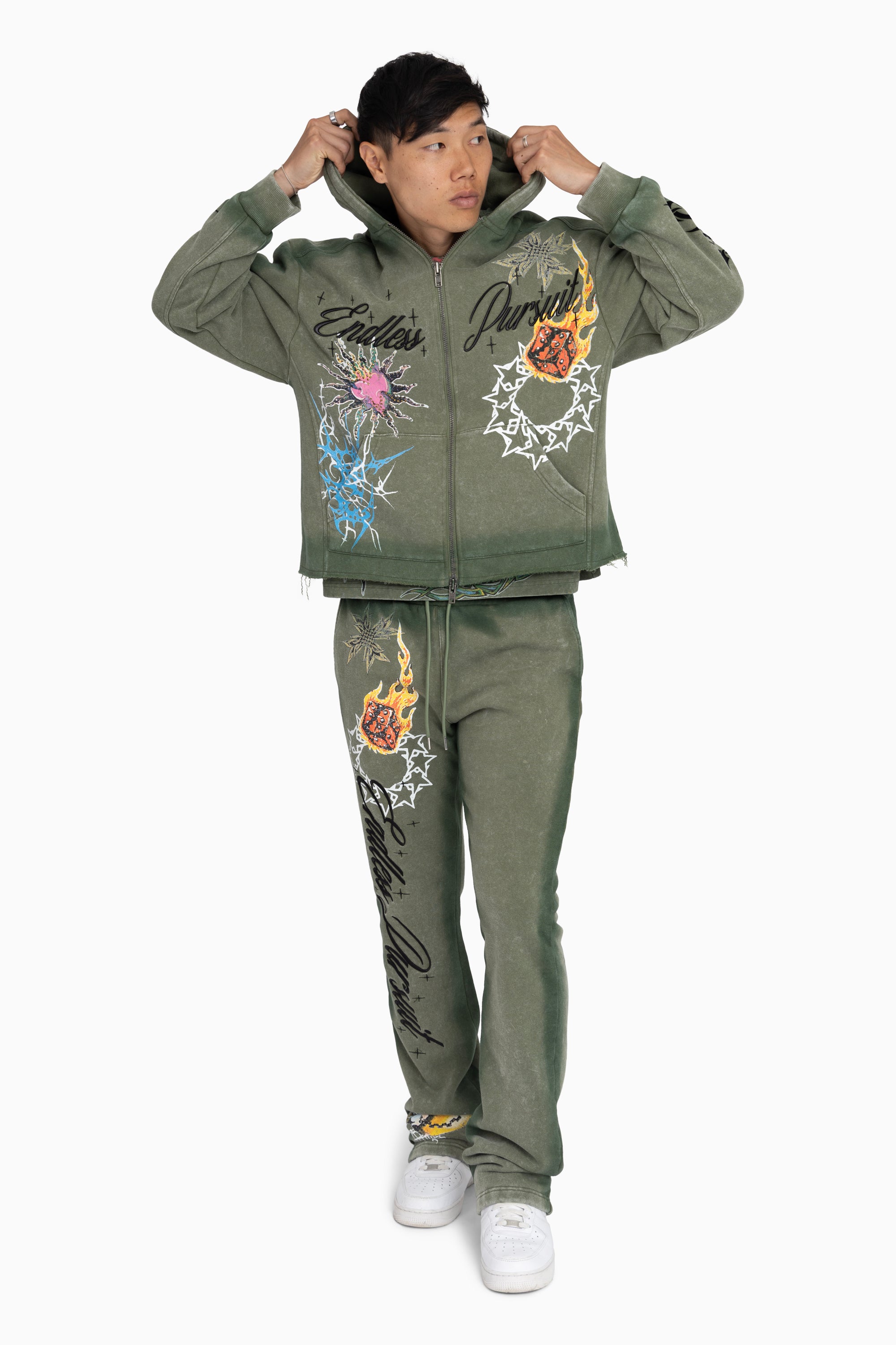 Endless Pursuit Studded Hoodie - Vintage Army