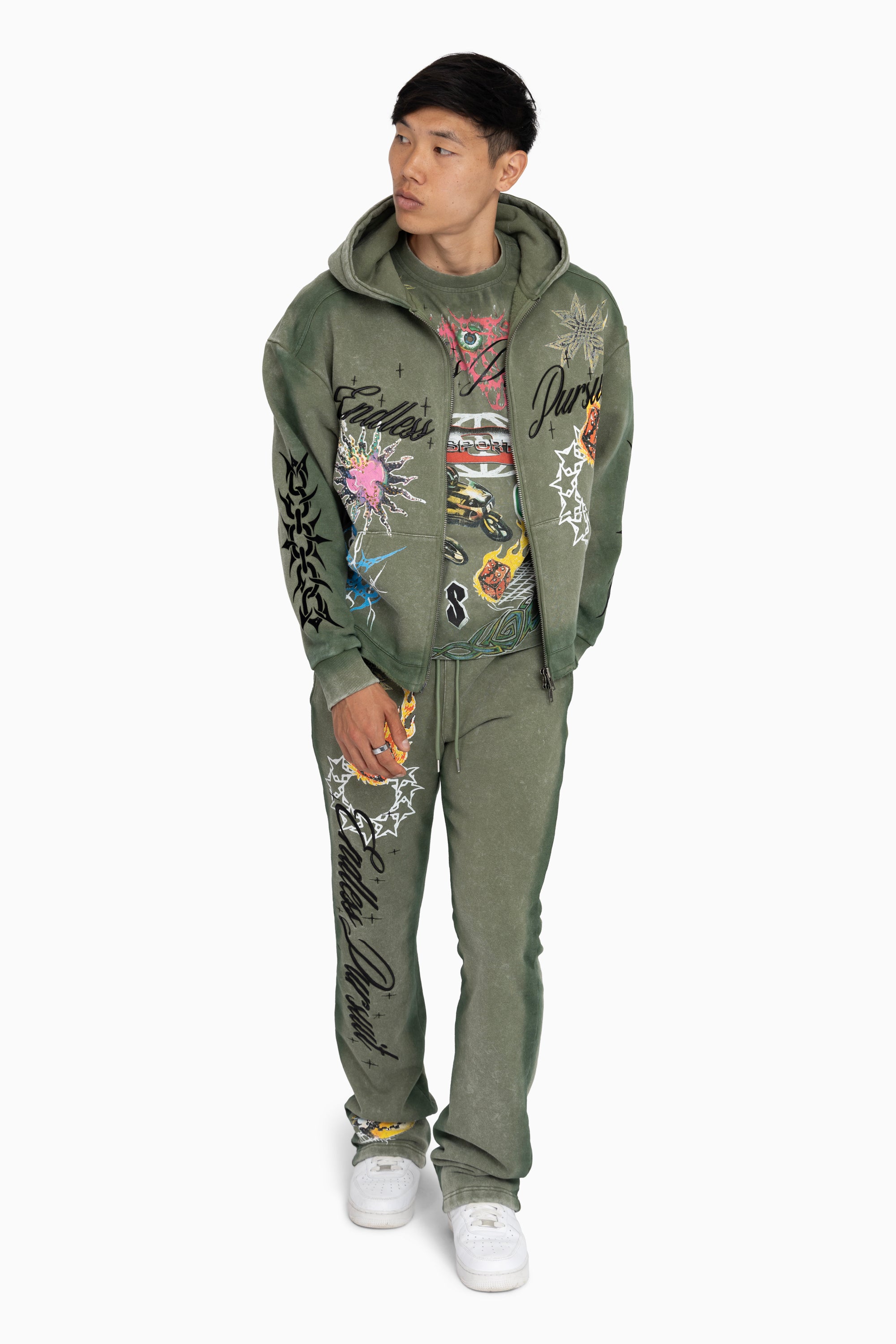 Endless Pursuit Studded Hoodie - Vintage Army